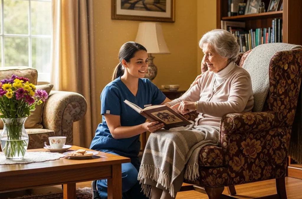 Caregiver assisting a senior in a cozy living room, highlighting in-home healthcare services