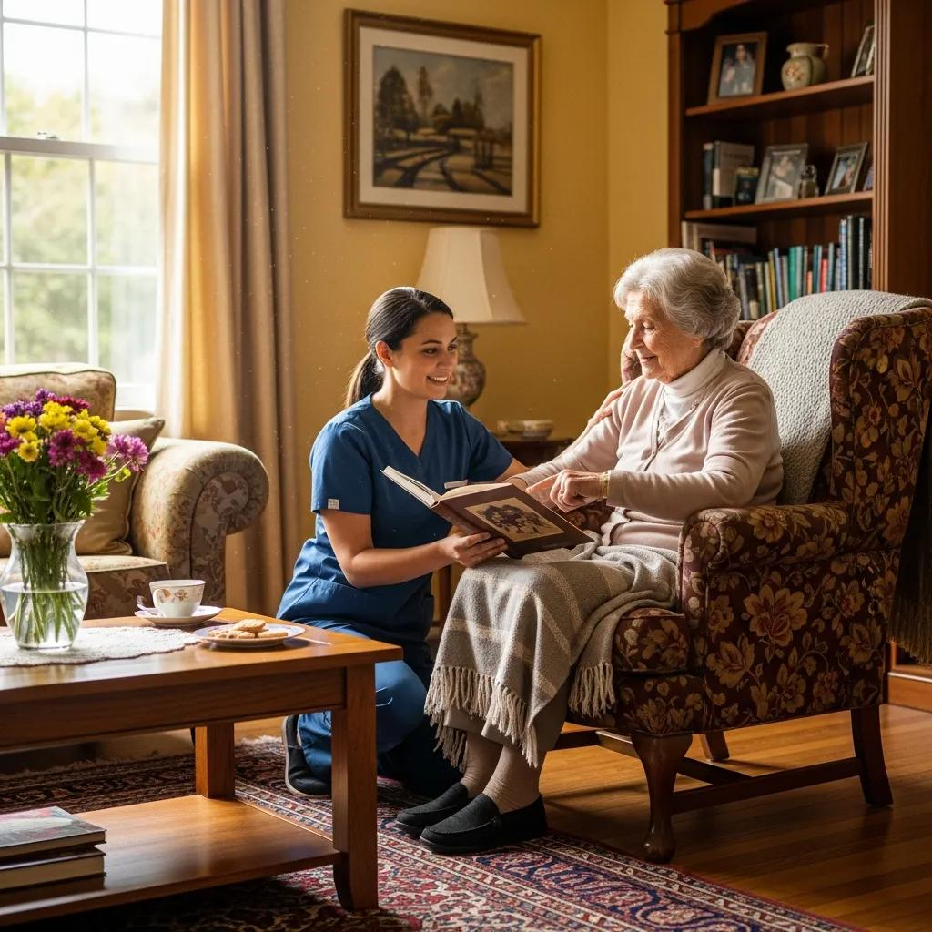 Caregiver assisting a senior in a cozy living room, highlighting in-home healthcare services