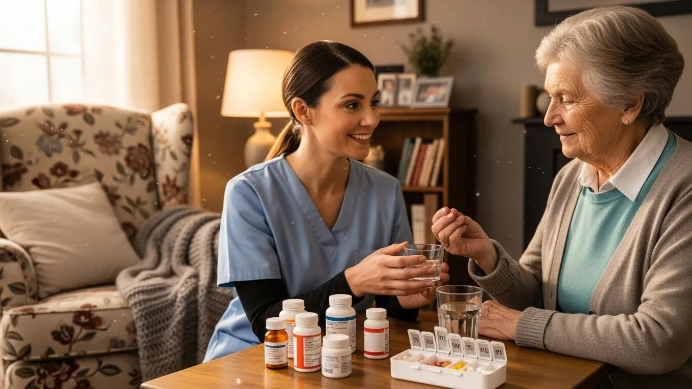 Caregiver assisting a senior with medication management in a cozy home setting