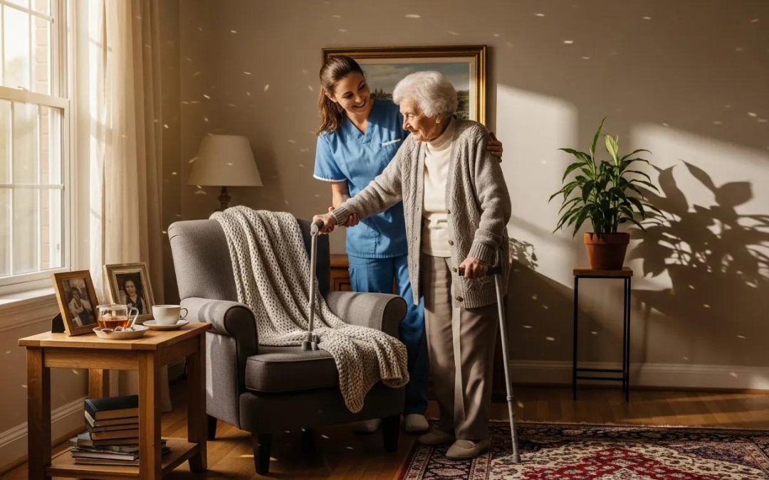 Caregiver assisting elderly patient at home, illustrating Medicare home health coverage