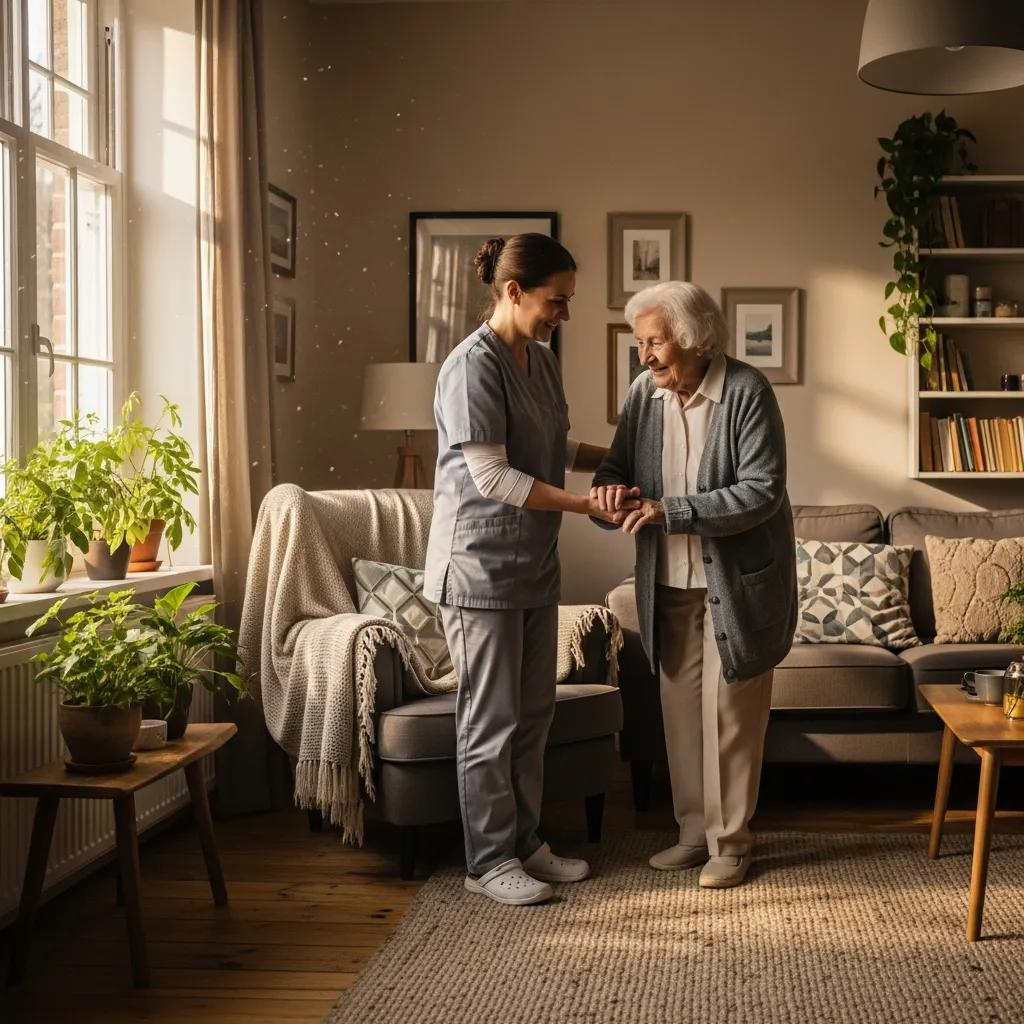 Caregiver assisting elderly person at home, highlighting home health care services