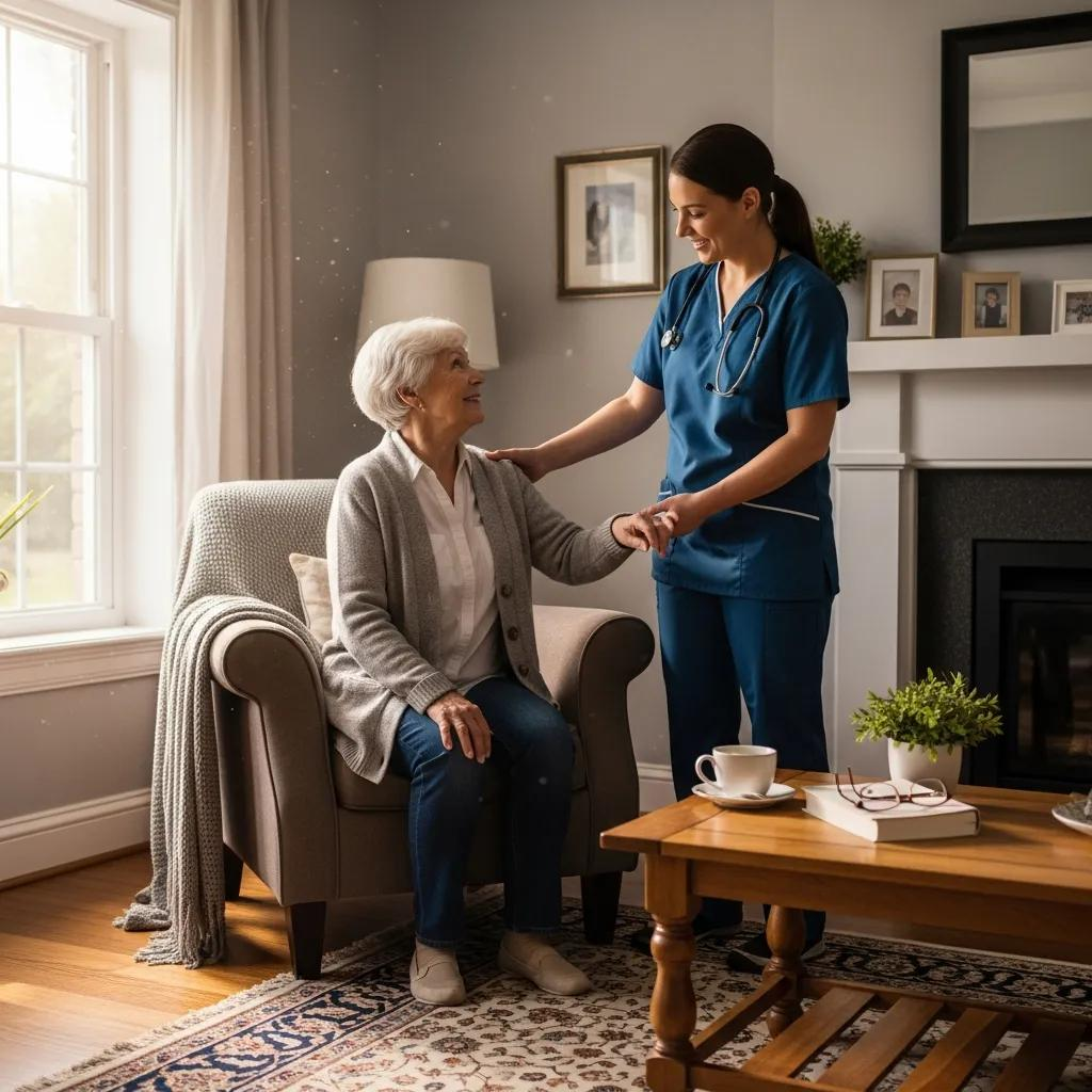 Home health aide assisting a senior in a cozy living room, emphasizing personalized care