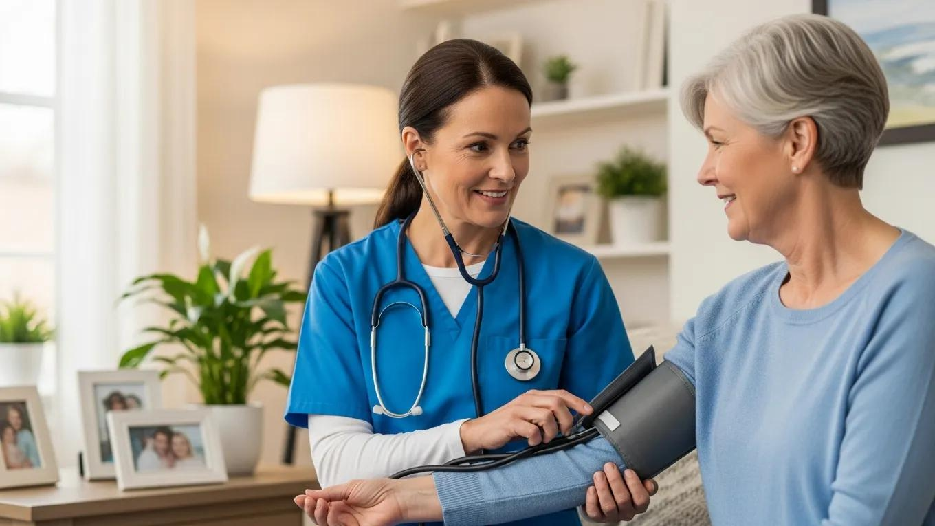 Licensed home health nurse checking a patient's blood pressure in a cozy living room