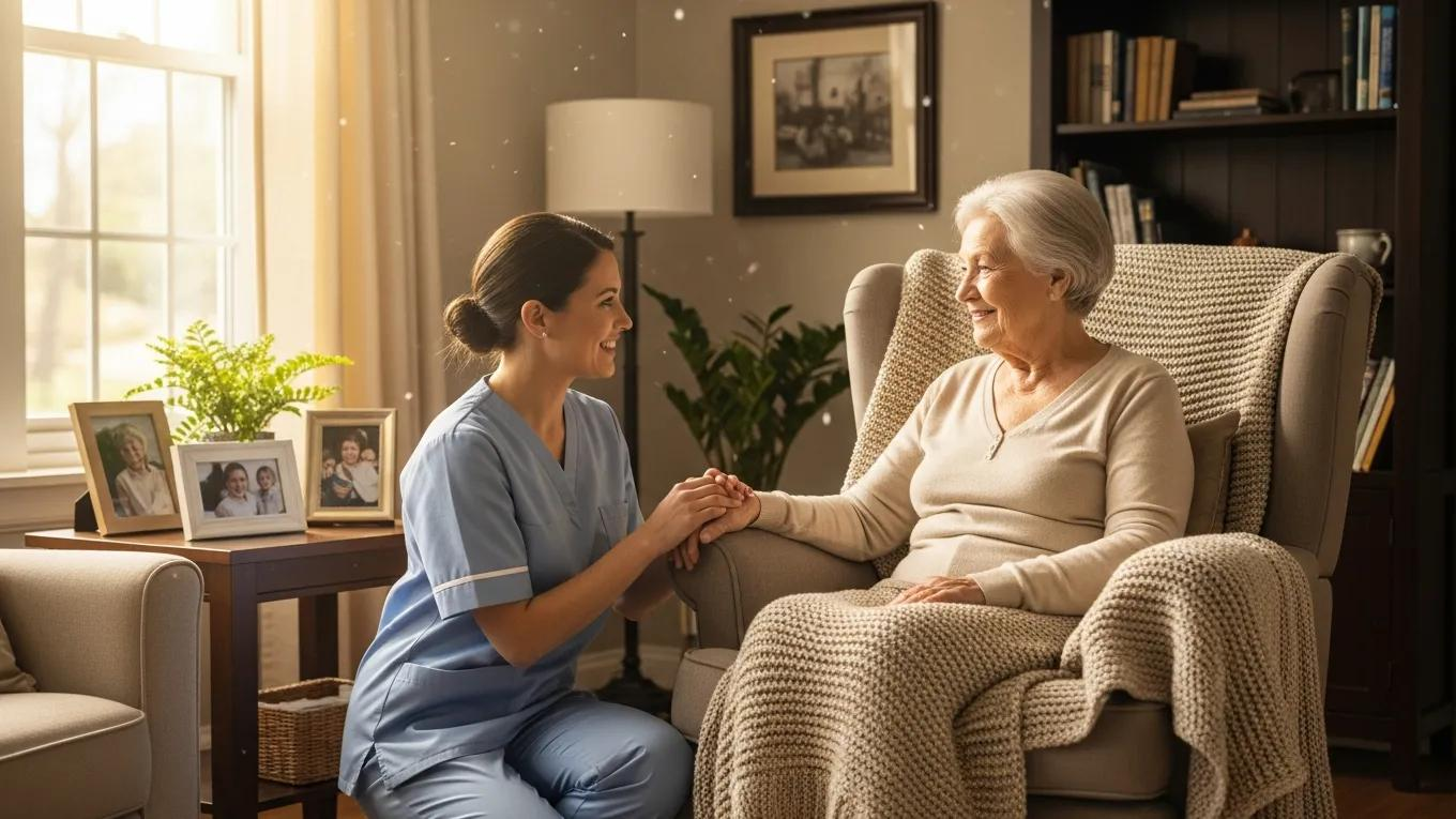 Nurse assisting a patient in a cozy home environment, highlighting in-home healthcare services