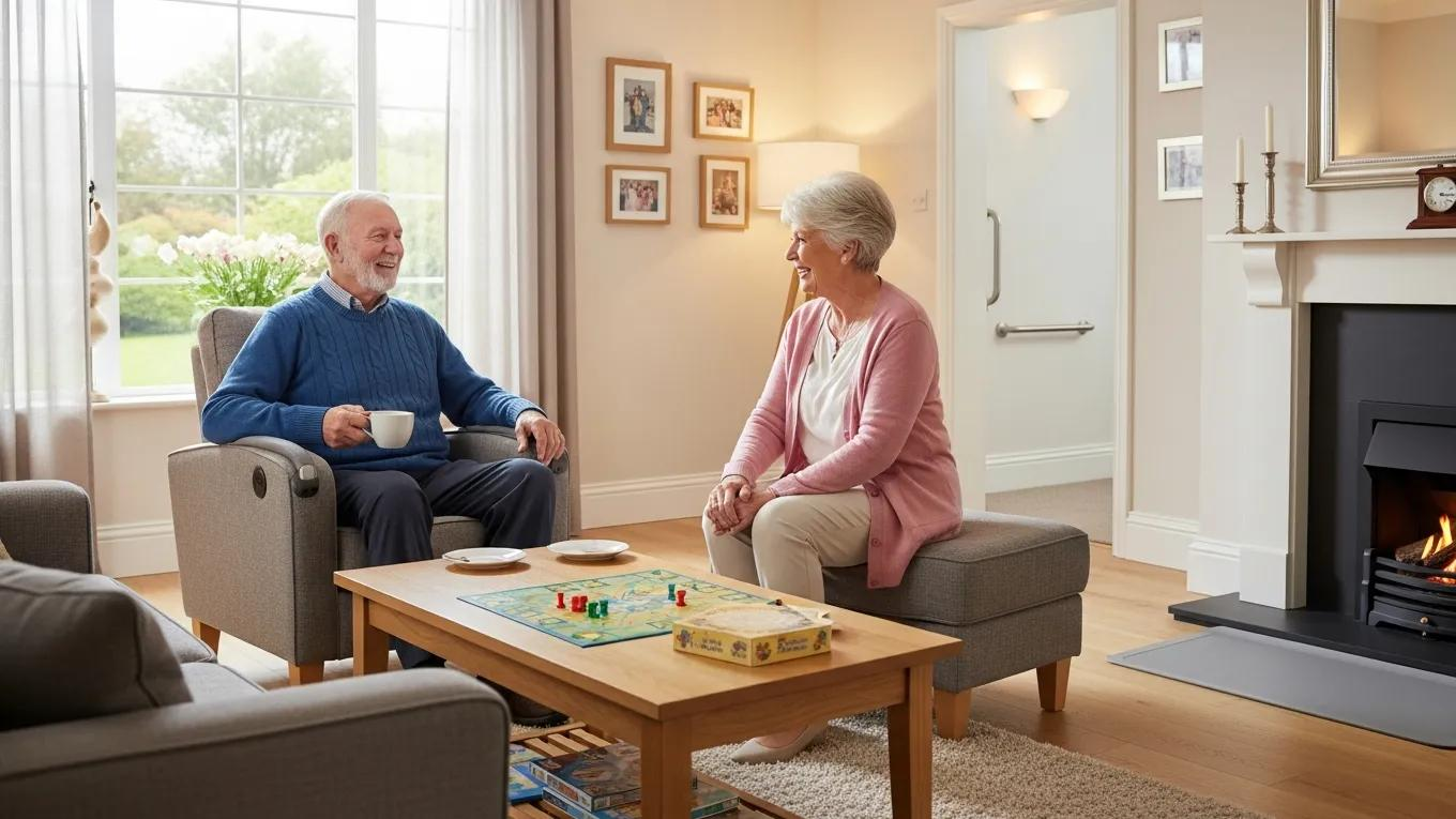 Senior couple enjoying a safe and comfortable living room with visible safety features
