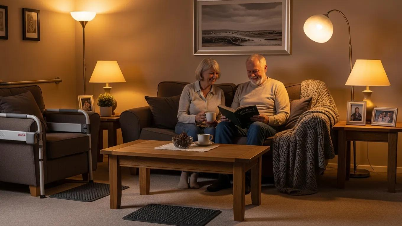 Senior couple in a safe living room with fall prevention modifications