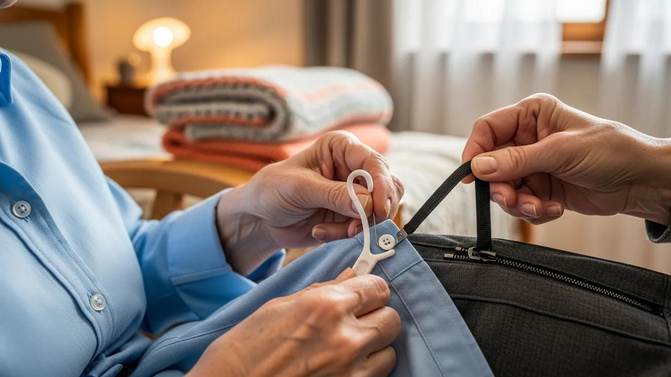 Senior using dressing aids in a cozy bedroom, promoting independence and comfort