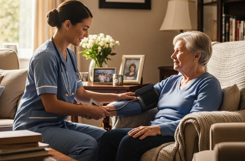 Skilled nurse providing compassionate care to an elderly patient in a cozy home environment